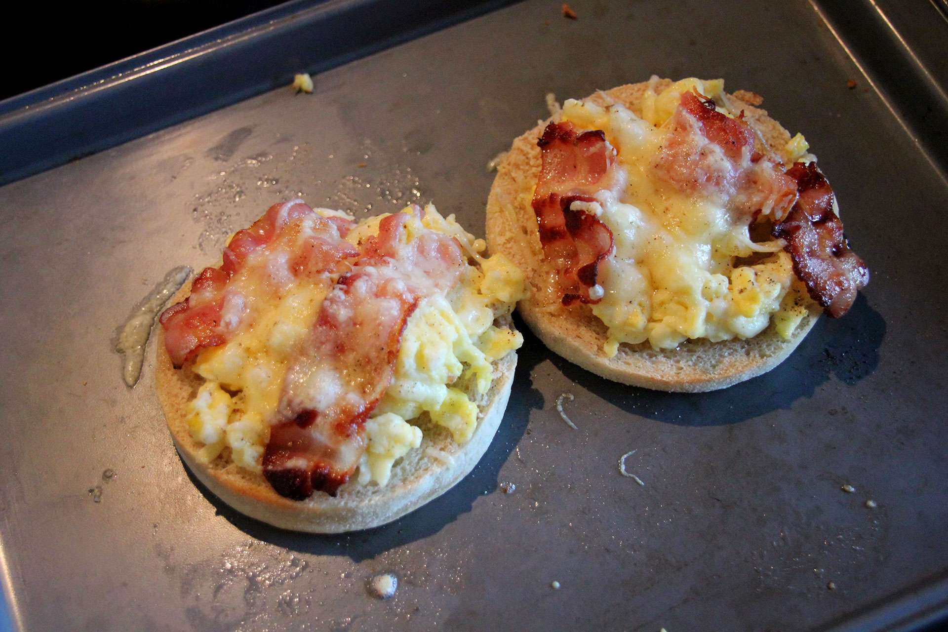 Grilled cheese bacon and scrambled egg muffins