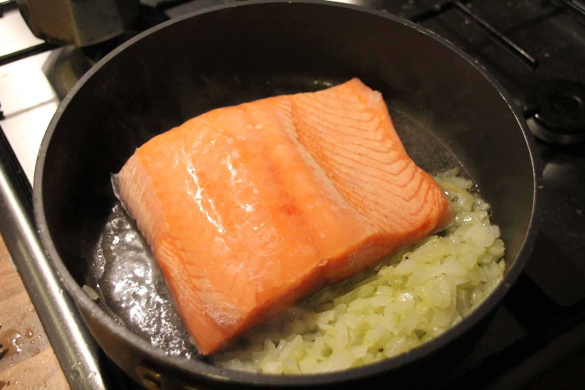 Skin side down salmon